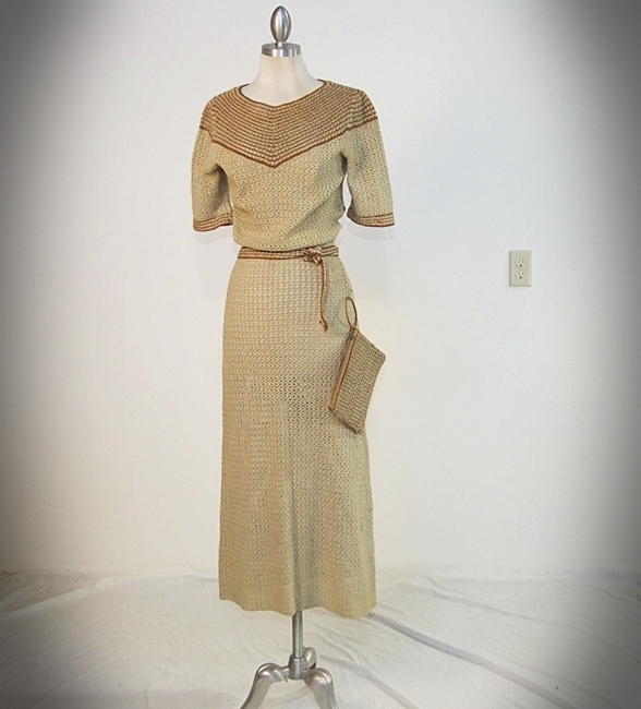 1940's hand knit dress in neutral shades of beige and warm brown 