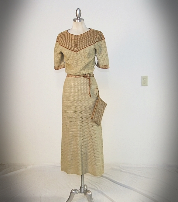 1940's hand knit dress in neutral shades of beige and warm brown 