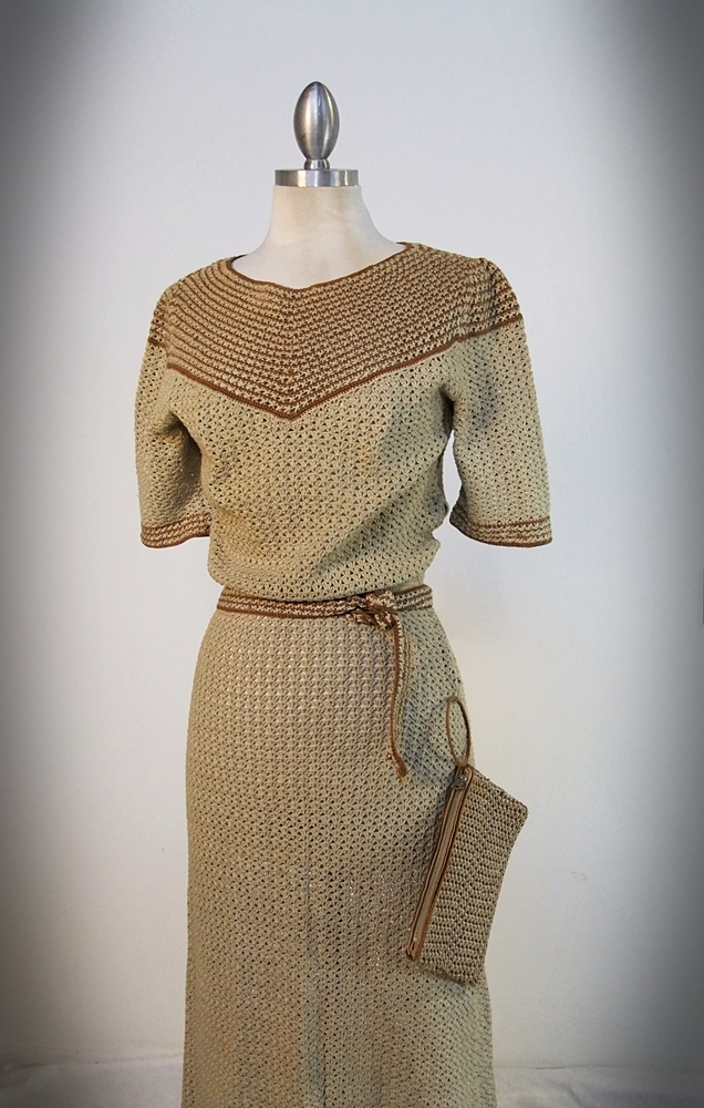 1940's hand knit dress in neutral shades of beige and warm brown 