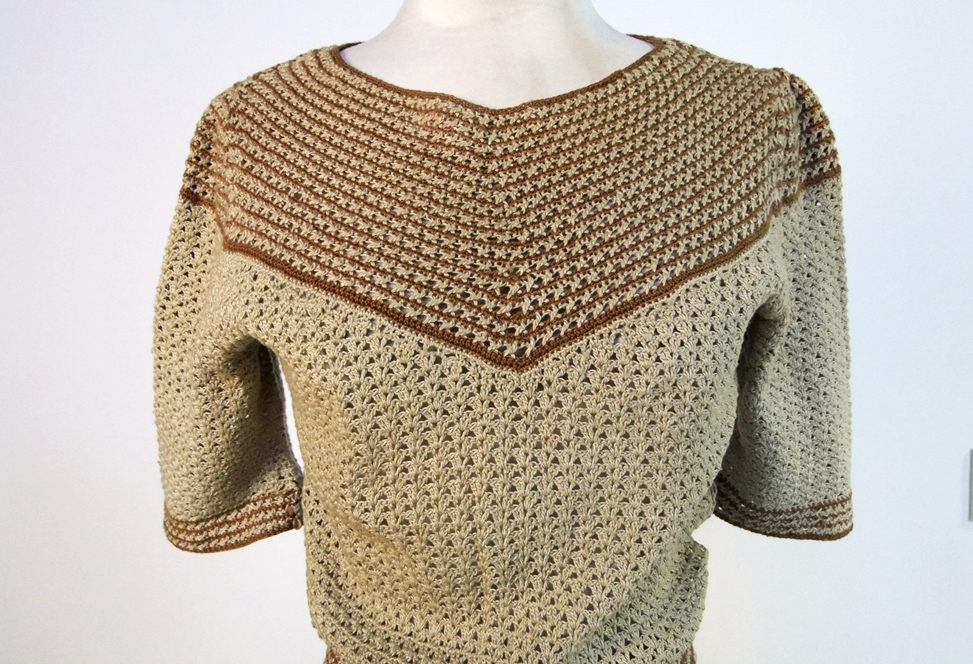 1940's hand knit dress in neutral shades of beige and warm brown 