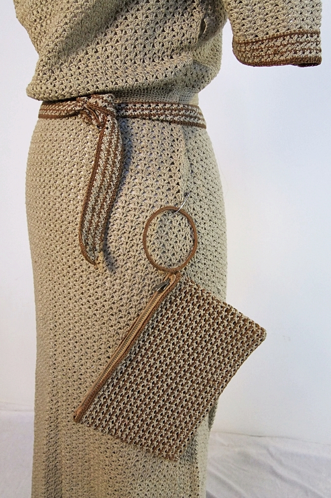 1940's hand knit dress in neutral shades of beige and warm brown 