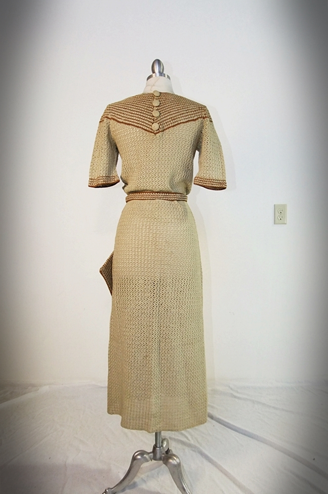 1940's hand knit dress in neutral shades of beige and warm brown 