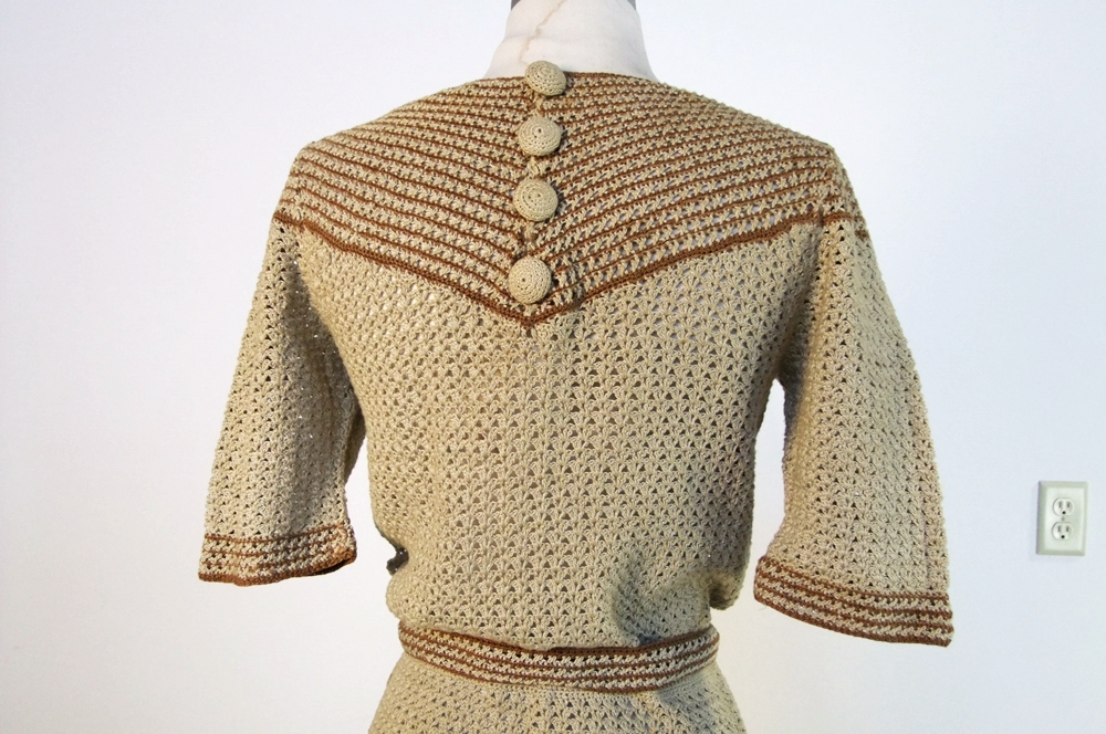 1940's hand knit dress in neutral shades of beige and warm brown 