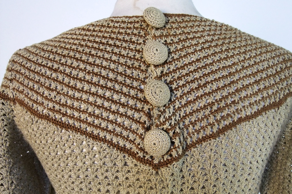 1940's hand knit dress in neutral shades of beige and warm brown 