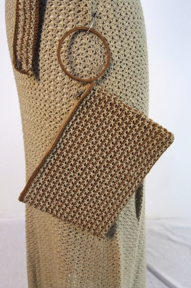 1940's hand knit dress in neutral shades of beige and warm brown 