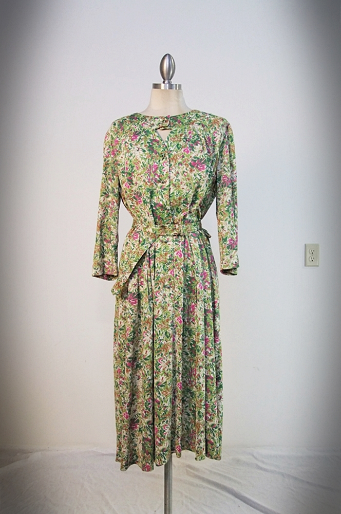 Vintage Cay Artley printed day dress with florals and crystal rhinestone buttons 