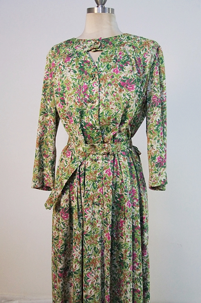 Vintage Cay Artley printed day dress with florals and crystal rhinestone buttons 