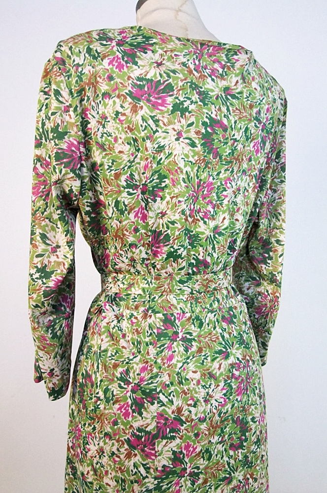 Vintage Cay Artley printed day dress with florals and crystal rhinestone buttons 