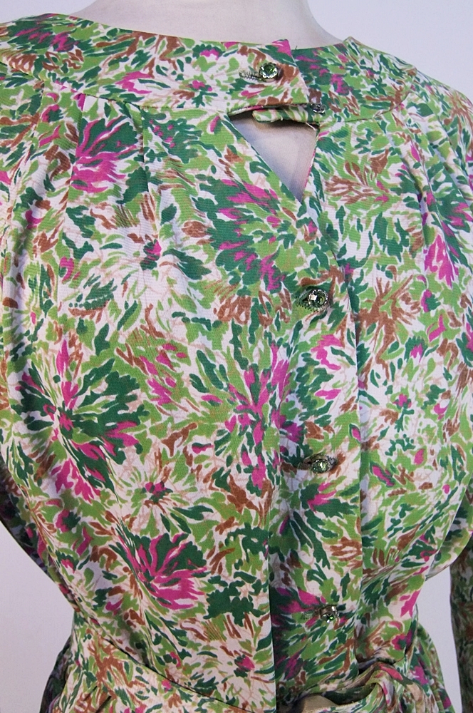 Vintage Cay Artley printed day dress with florals and crystal rhinestone buttons 