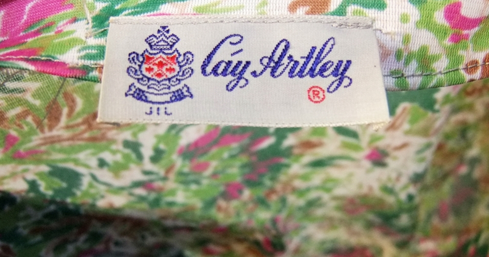 Vintage Cay Artley printed day dress with florals and crystal rhinestone buttons 