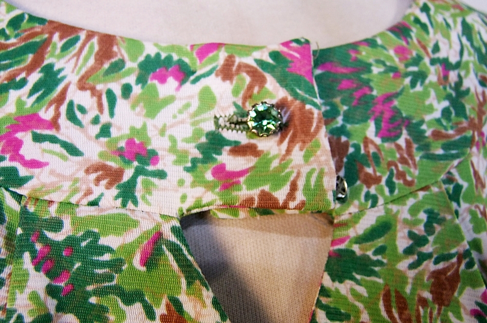 Vintage Cay Artley printed day dress with florals and crystal rhinestone buttons 