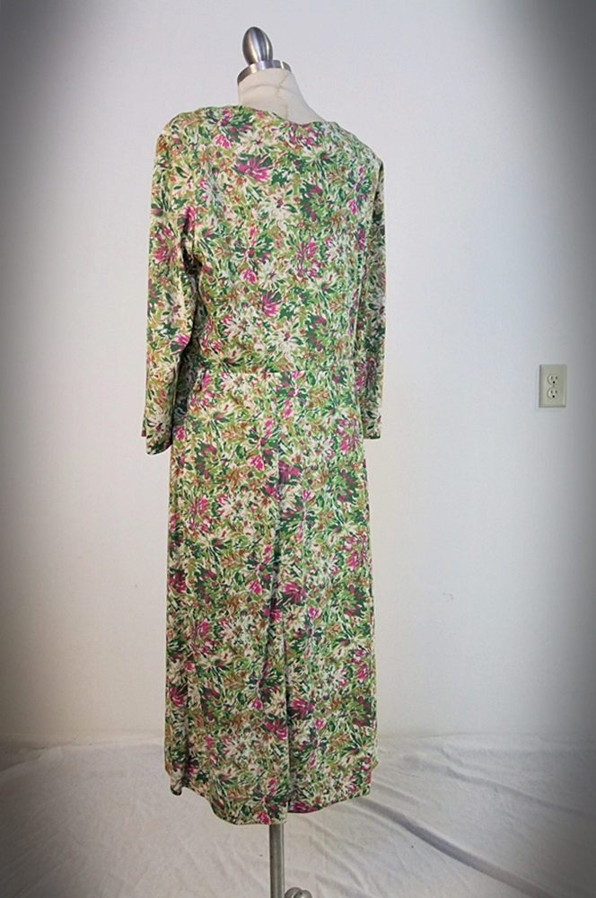 Vintage Cay Artley printed day dress with florals and crystal rhinestone buttons 