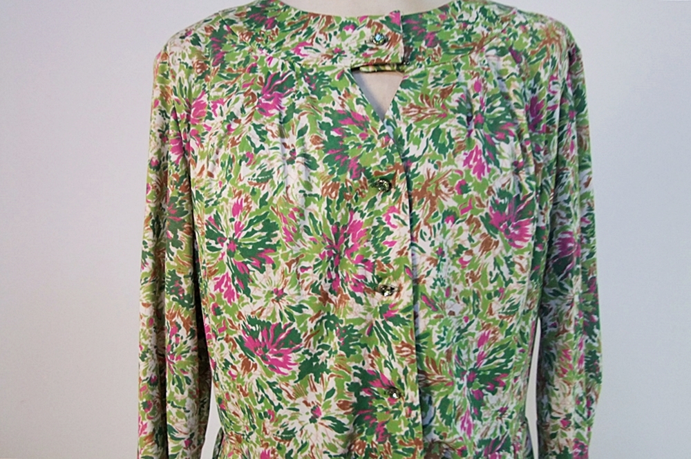 Vintage Cay Artley printed day dress with florals and crystal rhinestone buttons 