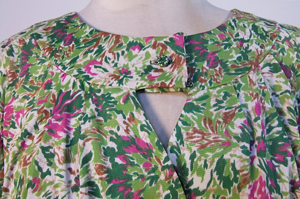 Vintage Cay Artley printed day dress with florals and crystal rhinestone buttons 