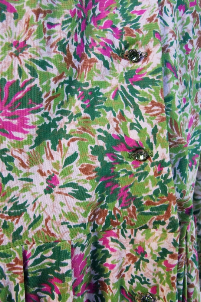 Vintage Cay Artley printed day dress with florals and crystal rhinestone buttons 