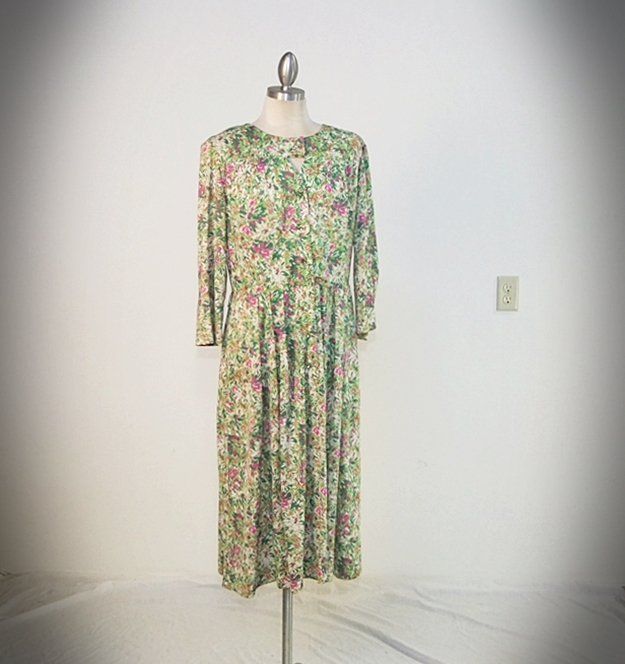 Vintage Cay Artley printed day dress with florals and crystal rhinestone buttons 
