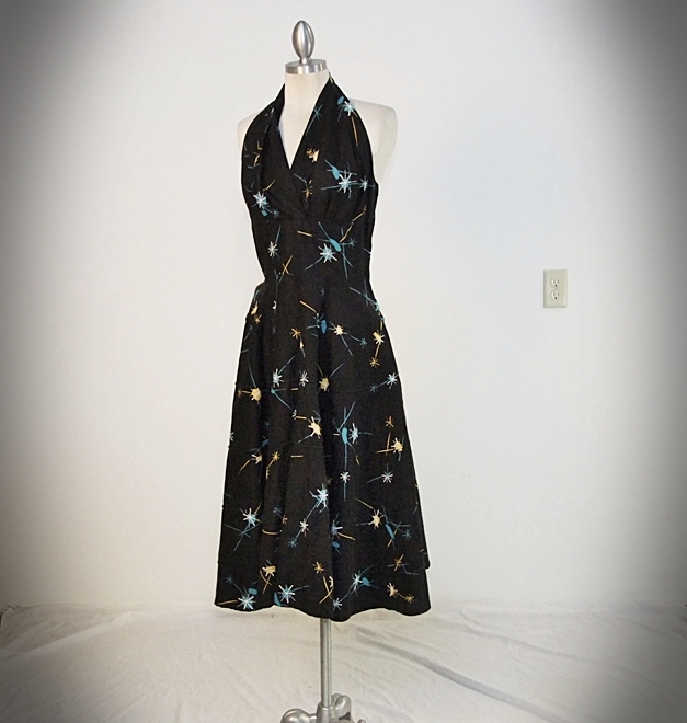 50's Retro vintage black cotton halter dress with printed Atomic design