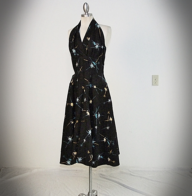 50's Retro vintage black cotton halter dress with printed Atomic design