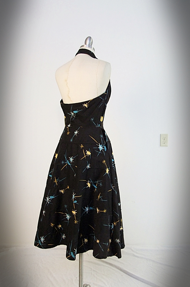 50's Retro vintage black cotton halter dress with printed Atomic design
