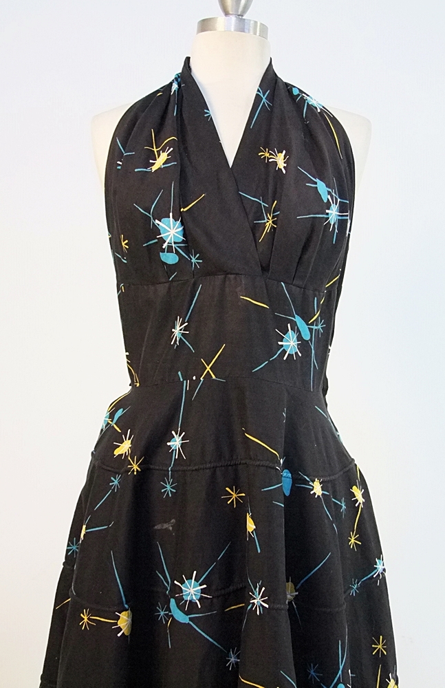50's Retro vintage black cotton halter dress with printed Atomic design