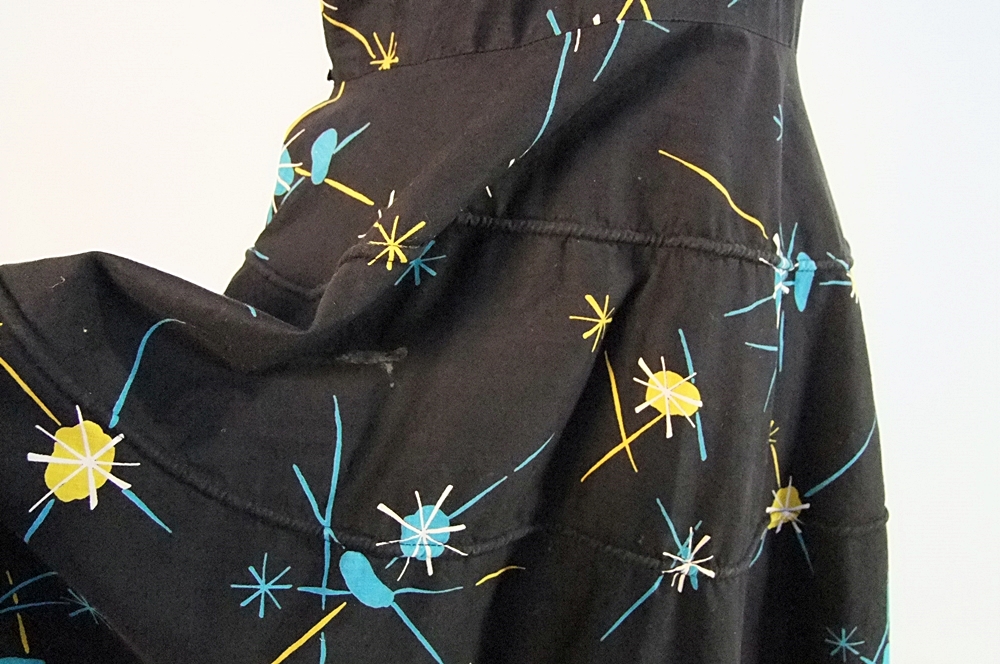 50's Retro vintage black cotton halter dress with printed Atomic design