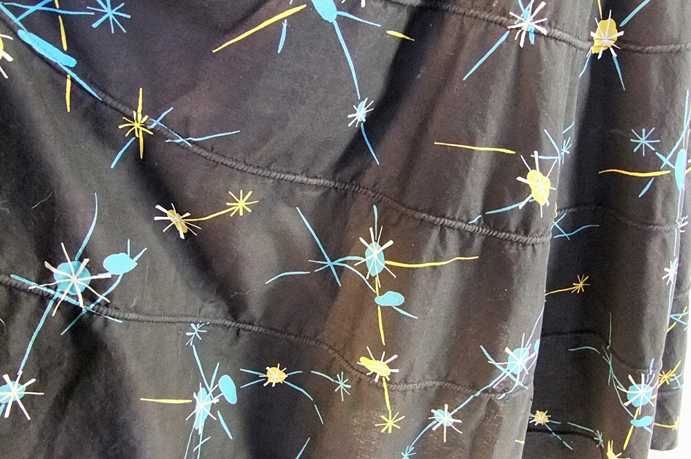 50's Retro vintage black cotton halter dress with printed Atomic design