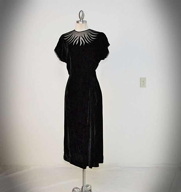 Vintage black velvet cocktail dress with flame motif 