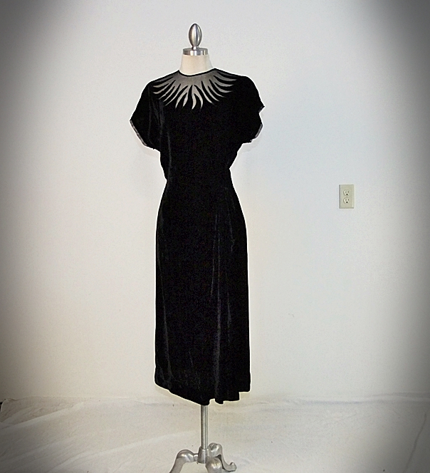 Vintage black velvet cocktail dress with flame motif 
