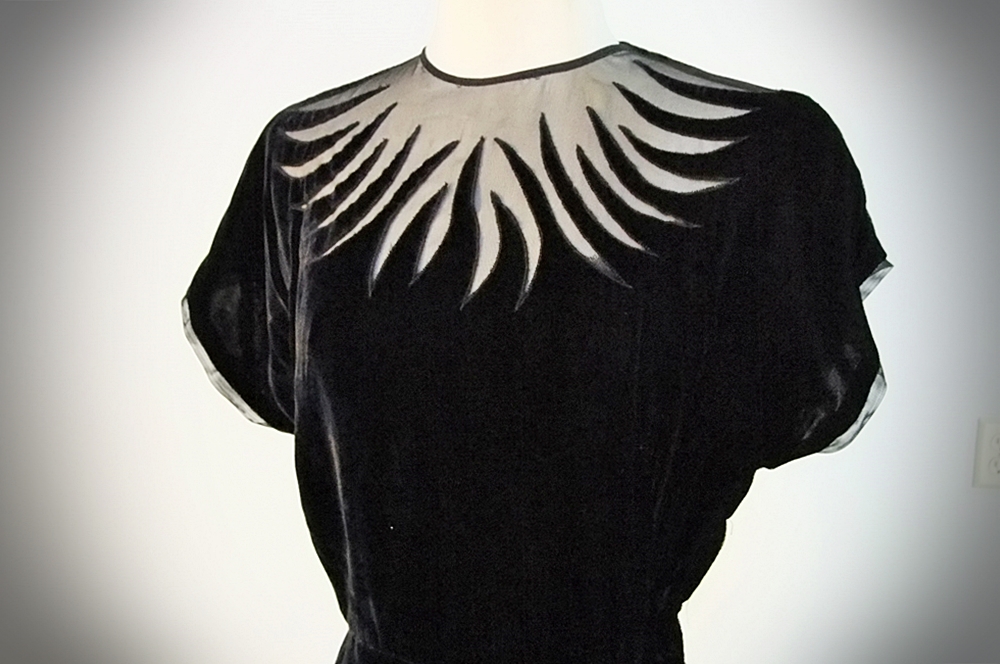Vintage black velvet cocktail dress with flame motif 