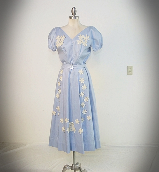 Vintage handmade pale blue dress with applied ivory hand crocheted florals