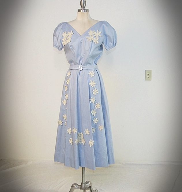 Vintage handmade pale blue dress with applied ivory hand crocheted florals