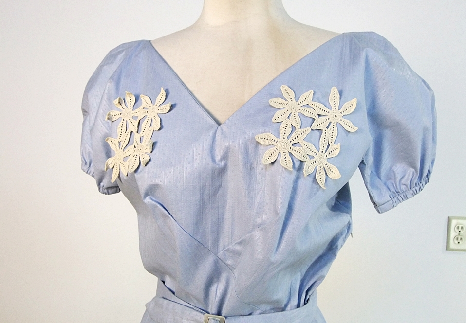 Vintage handmade pale blue dress with applied ivory hand crocheted florals