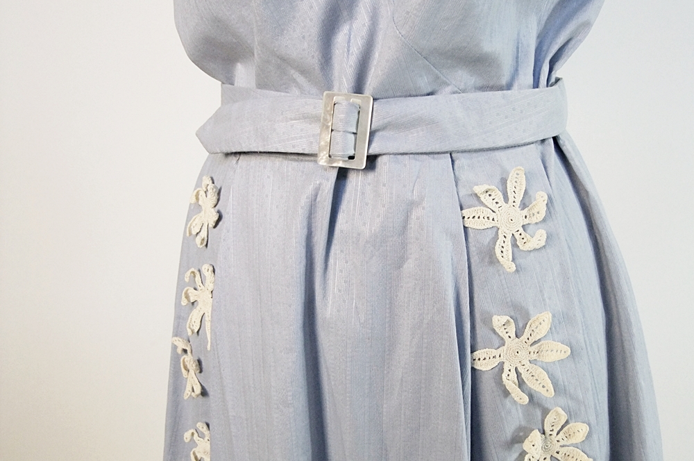Vintage handmade pale blue dress with applied ivory hand crocheted florals