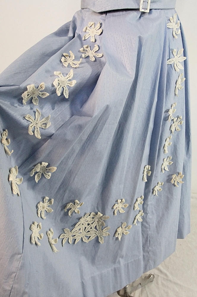 Vintage handmade pale blue dress with applied ivory hand crocheted florals