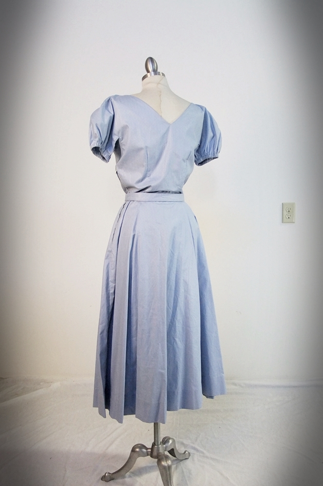 Vintage handmade pale blue dress with applied ivory hand crocheted florals