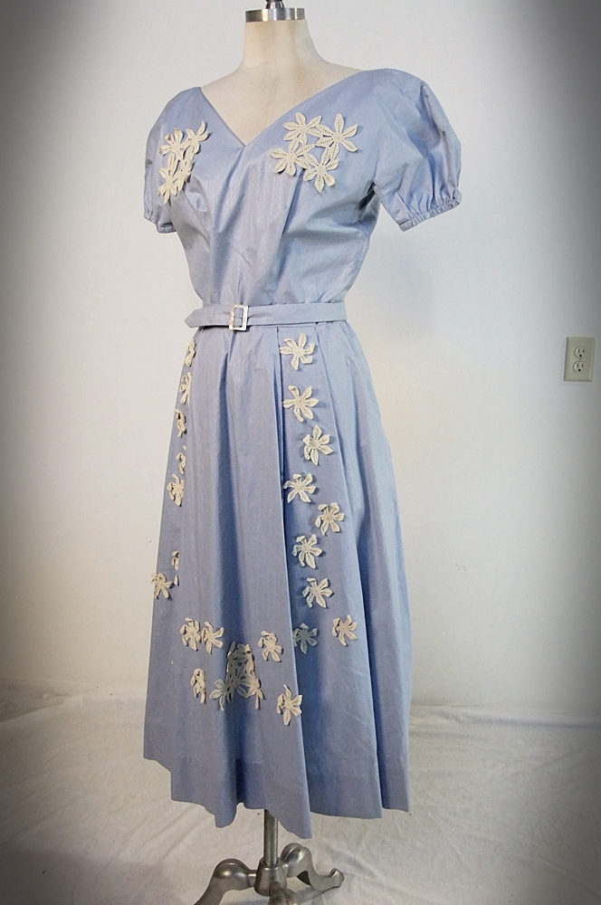 Vintage handmade pale blue dress with applied ivory hand crocheted florals