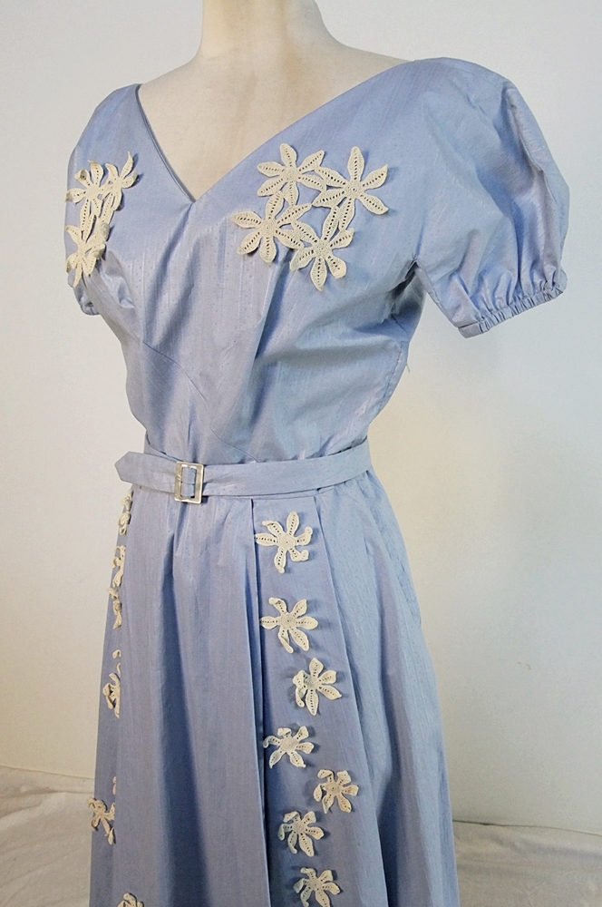Vintage handmade pale blue dress with applied ivory hand crocheted florals