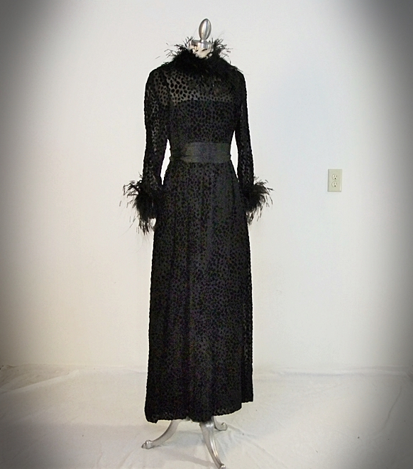 Vintage embossed black evening dress with hand cut maribou feathers 