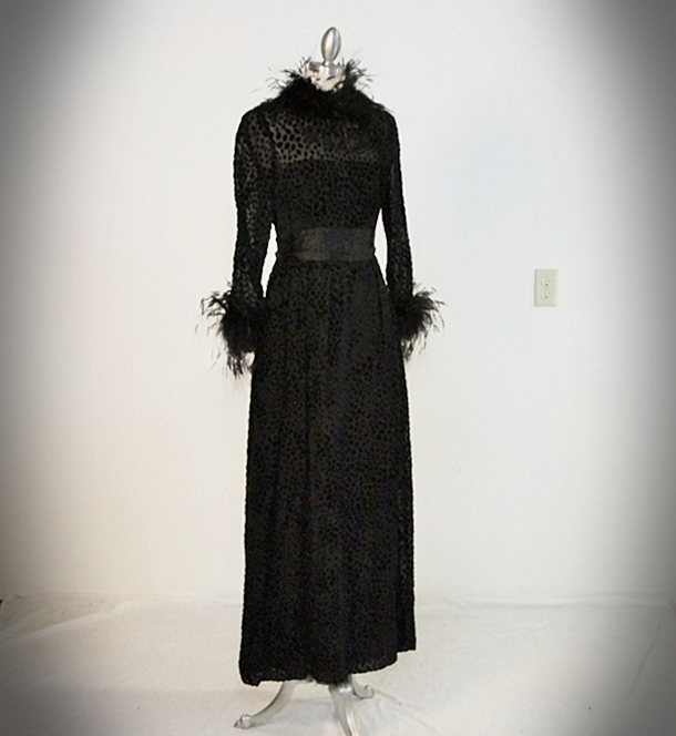 Vintage embossed black evening dress with hand cut maribou feathers 