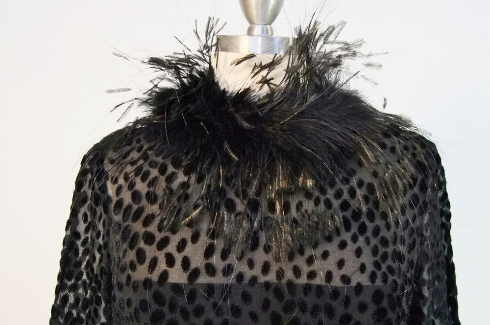 Vintage embossed black evening dress with hand cut maribou feathers 