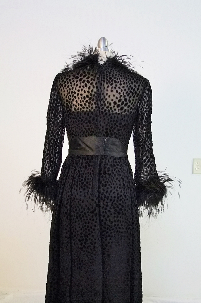 Vintage embossed black evening dress with hand cut maribou feathers 