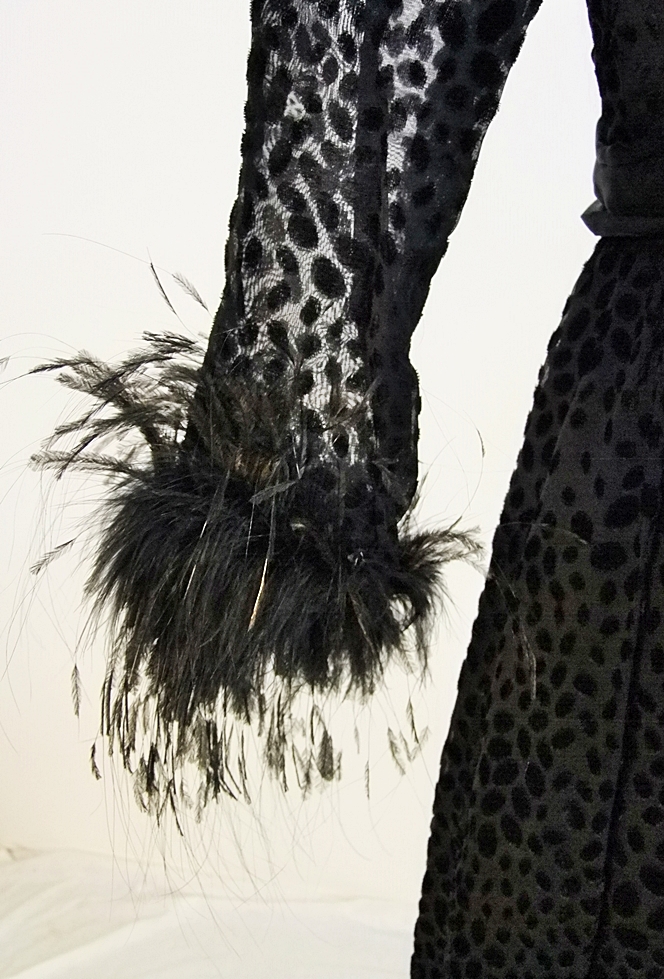 Vintage embossed black evening dress with hand cut maribou feathers 