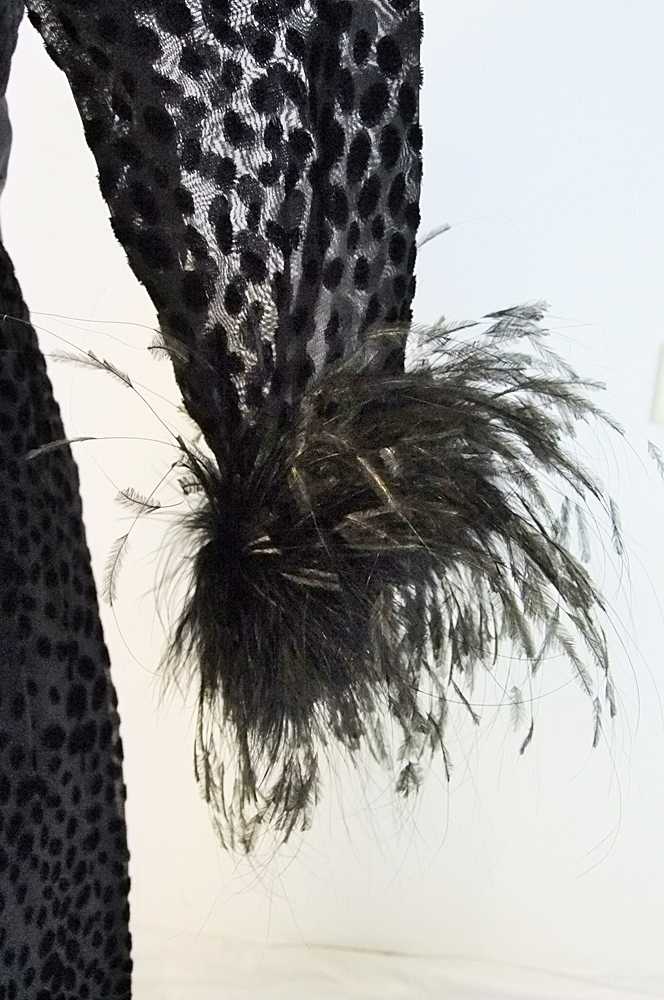 Vintage embossed black evening dress with hand cut maribou feathers 