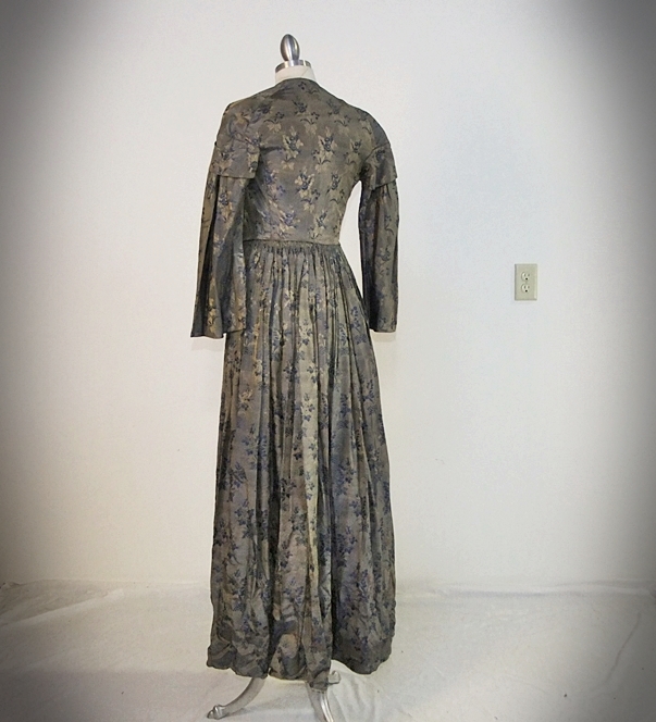 19th Century silk brocade gown in a slate blue gray with royal blue and cream floral sprays 