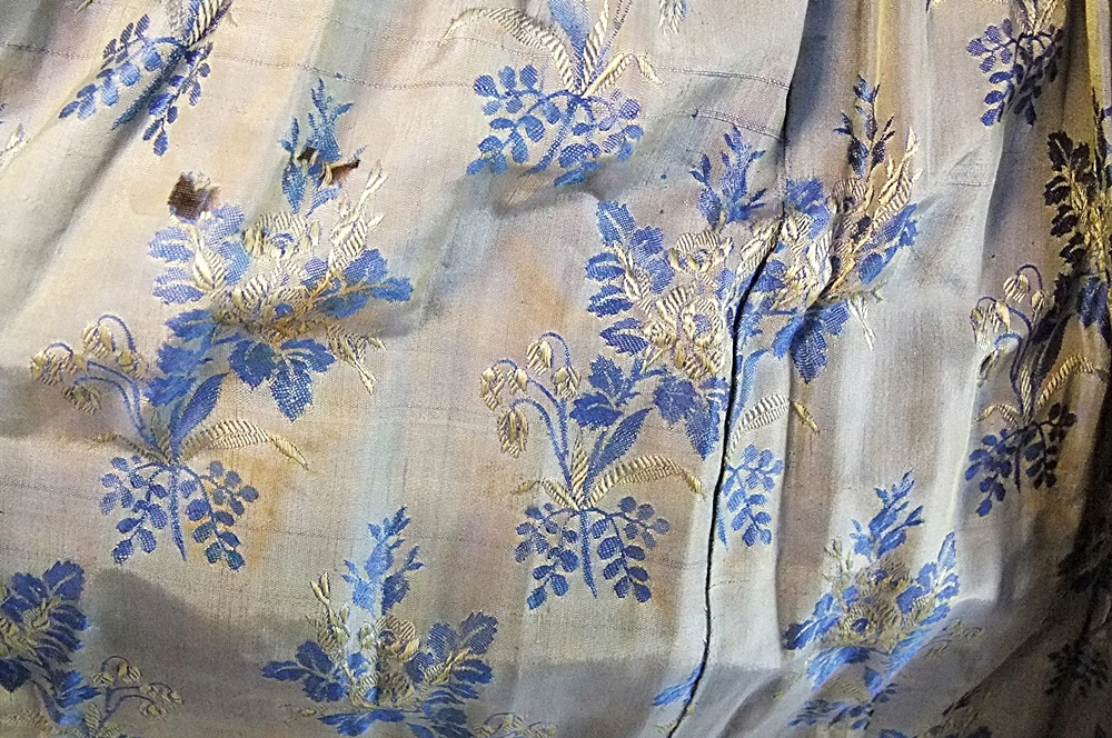 19th Century silk brocade gown in a slate blue gray with royal blue and cream floral sprays 