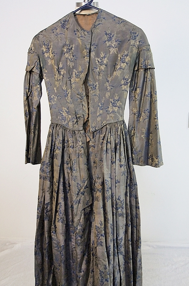 19th Century silk brocade gown in a slate blue gray with royal blue and cream floral sprays 