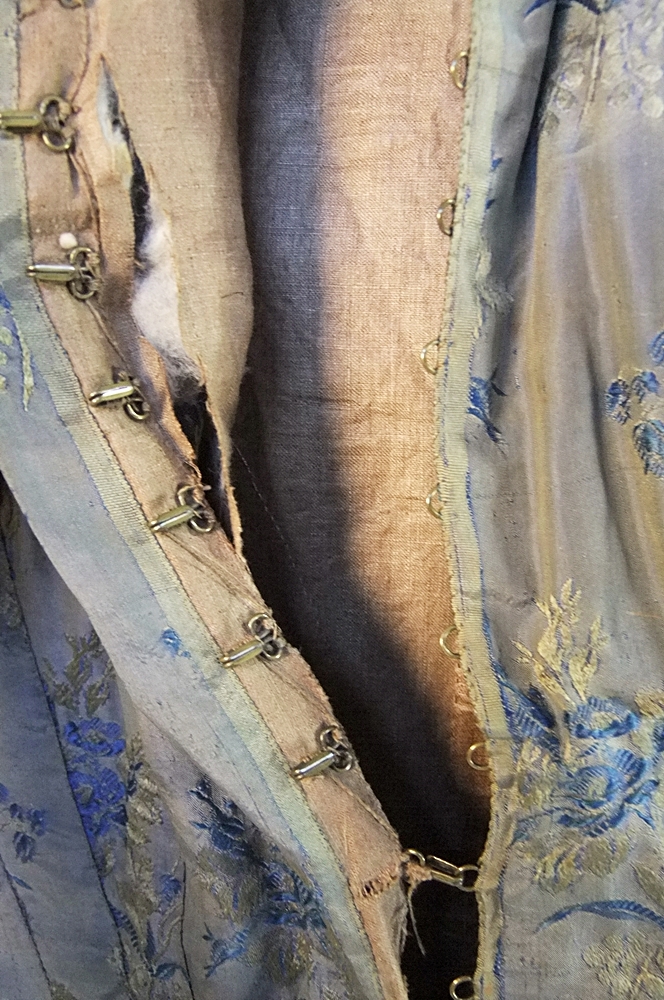 19th Century silk brocade gown in a slate blue gray with royal blue and cream floral sprays 