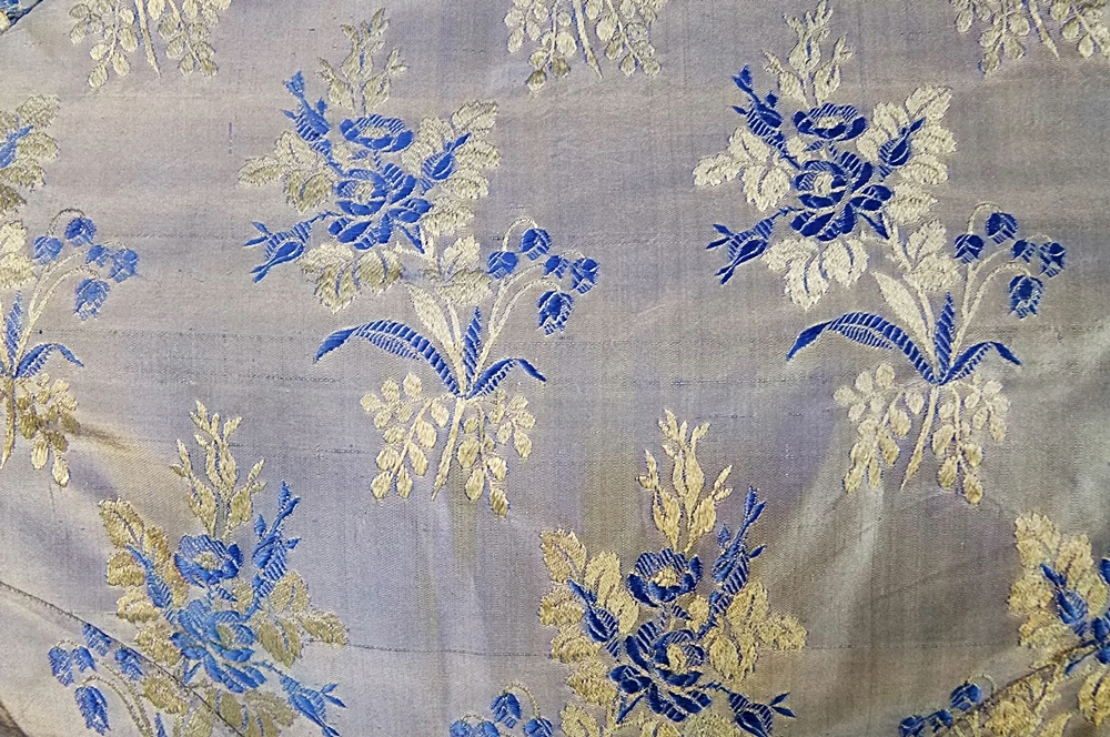 19th Century silk brocade gown in a slate blue gray with royal blue and cream floral sprays 