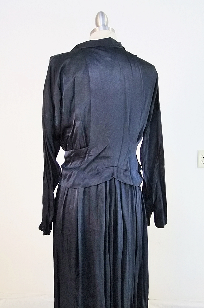 1930's midnight blue silk dress featuring monochromatic dome shaped silk buttoned panel