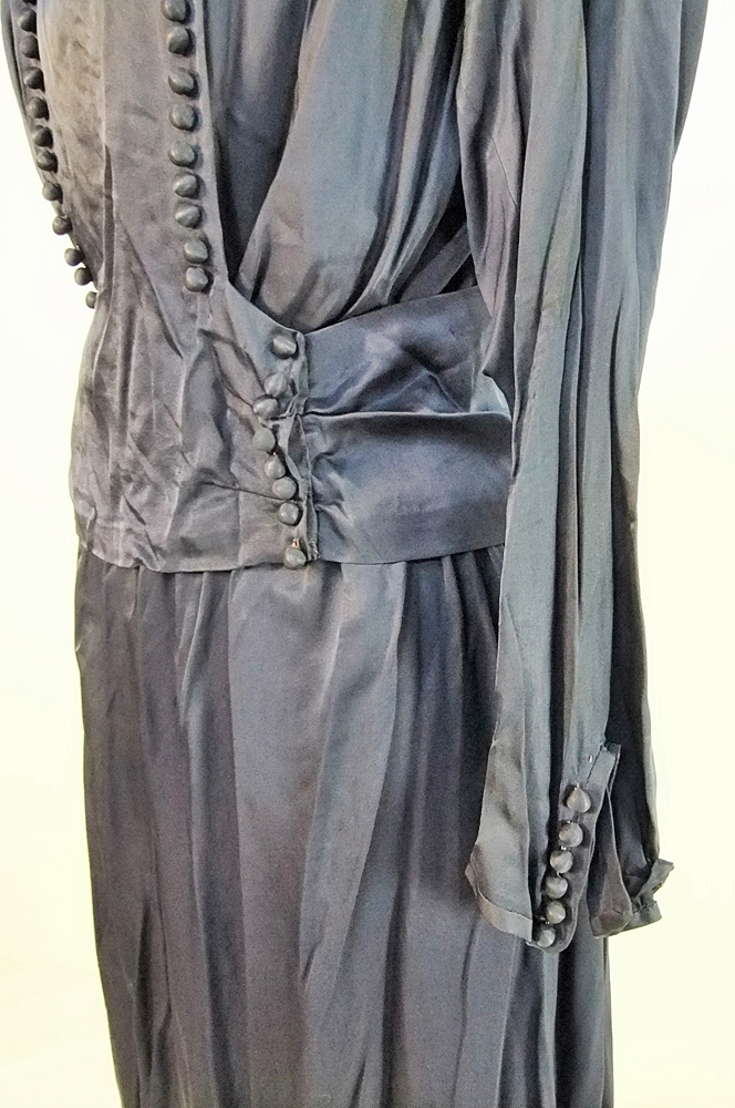 1930's midnight blue silk dress featuring monochromatic dome shaped silk buttoned panel